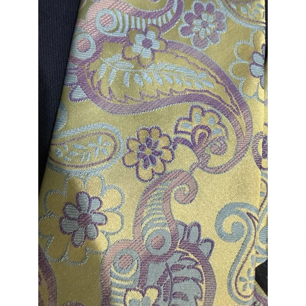 Kai Long Tie Necktie 100% Silk Yellow Blue Purple Paisley - Hand Made